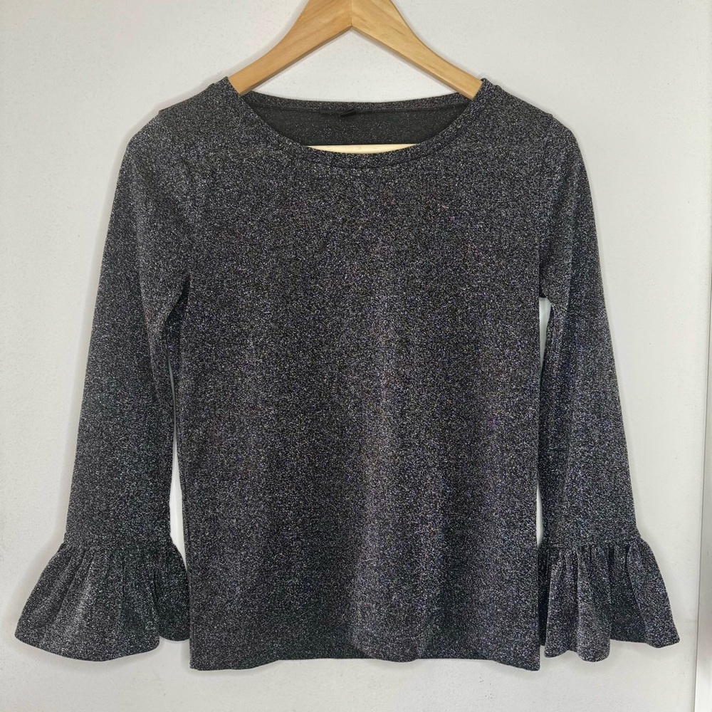 J CREW Glitter Ruffle Sleeve Knit Top Womens XX Small Pewter Gray Disco Clubcore